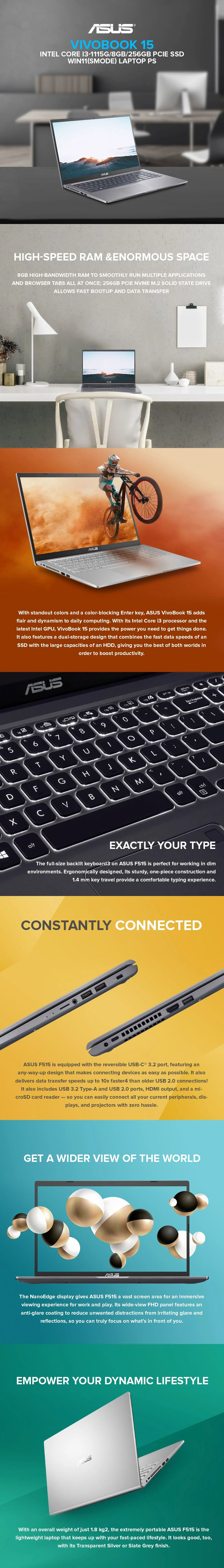 ASUS VivoBook 15 Intel Core i3-1115G/8GB/256GB PCIe SSD/Win11(Smode) Laptop PS - Image 5