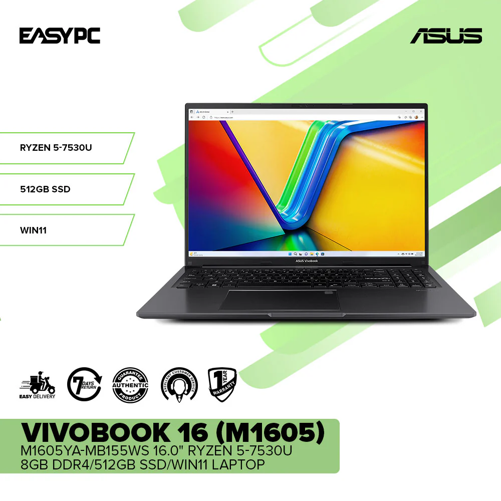 Asus Vivobook 16 (M1605) M1605YA-MB155WS 16.0 Ryzen 5-7530U/8GB DDR4/512GB SSD/Win11 Laptop - Image 2