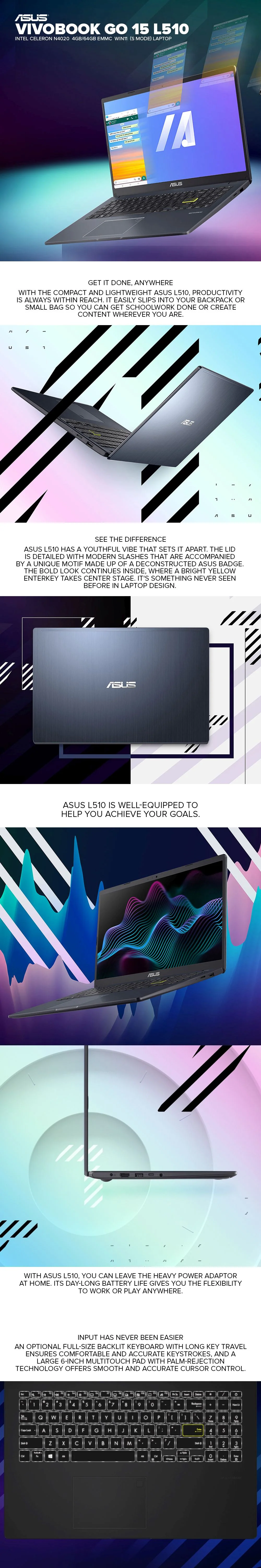 Asus Vivobook Go 15 L510  Intel Celeron N4020 4GB 64GB eMMC Win11(S Mode) Laptop PS - Image 6