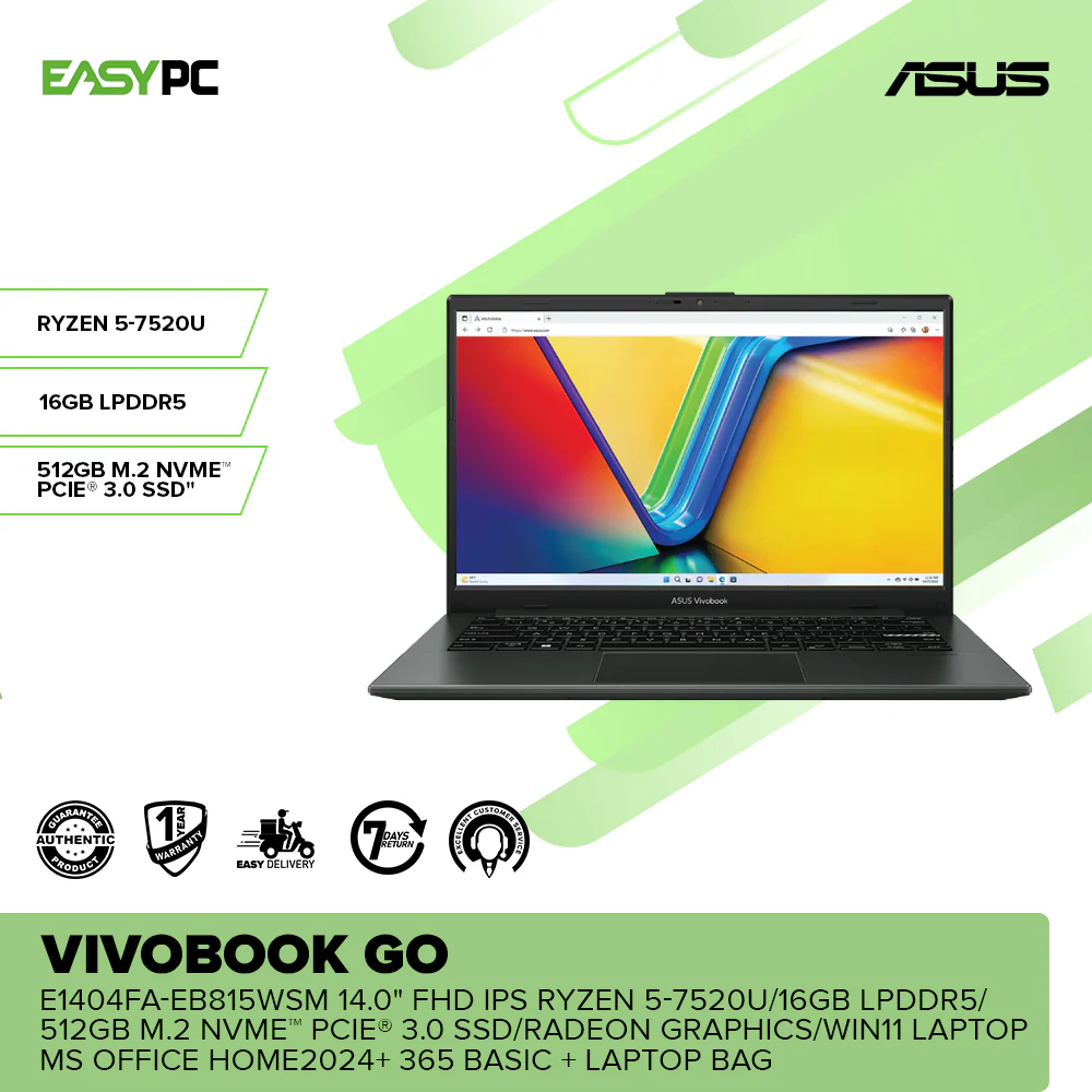 Asus Vivobook Go E1404FA-EB815WSM 14.0" FHD IPS Ryzen 5-7520U/16GB LPDDR5/512GB M.2 NVMe™ PCIe® 3.0 SSD/Radeon Graphics/Win11 Laptop MS Office Home2024+ 365 Basic + Laptop Bag - Image 2