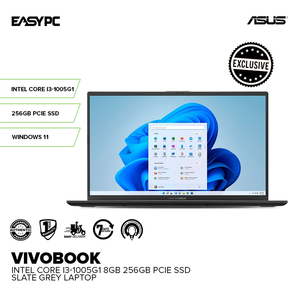 Asus Vivobook Intel Core I3-1005G1 8GB 256GB PCIE SSD Windows 11 Laptop Slate Grey PS - Image 2