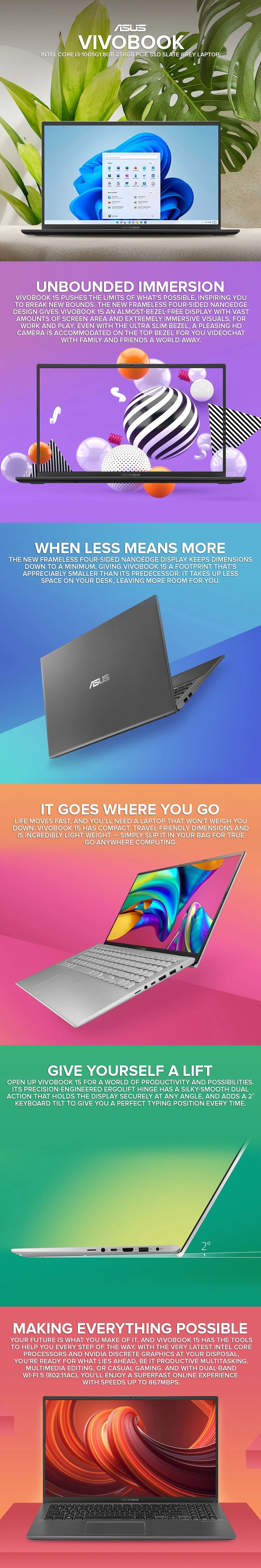 Asus Vivobook Intel Core I3-1005G1 8GB 256GB PCIE SSD Windows 11 Laptop Slate Grey PS - Image 5