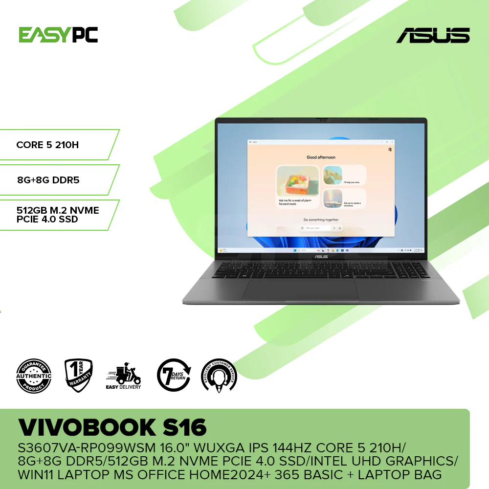 Asus Vivobook S16 S3607VA-RP099WSM 16.0" WUXGA IPS 144Hz Core 5 210H/8G+8G DDR5/512GB M.2 NVMe PCIe 4.0 SSD/Intel UHD Graphics/Win11 Laptop MS Office Home2024+ 365 Basic + Laptop Bag - Image 2