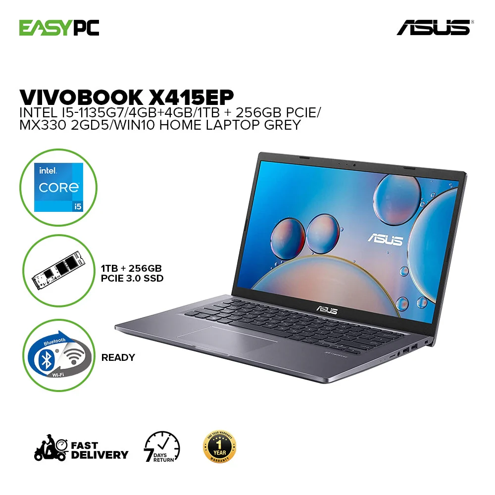 Asus Vivobook X415Ep-Eb213T Intel I5-1135G7 4Gb+4Gb Win10 1Tb + 256Gb Pcie Mx330 2Gd5 Laptop Grey - Image 2