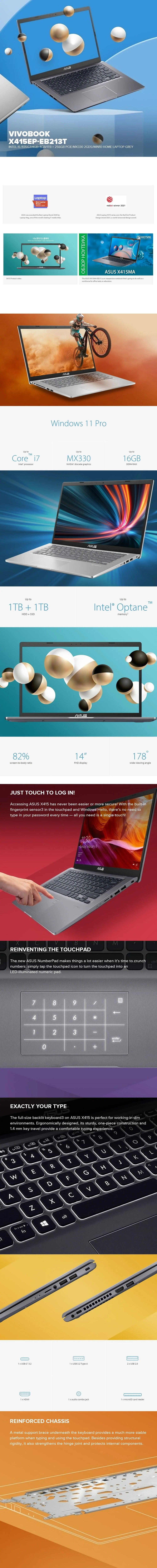 Asus Vivobook X415Ep-Eb213T Intel I5-1135G7 4Gb+4Gb Win10 1Tb + 256Gb Pcie Mx330 2Gd5 Laptop Grey - Image 6