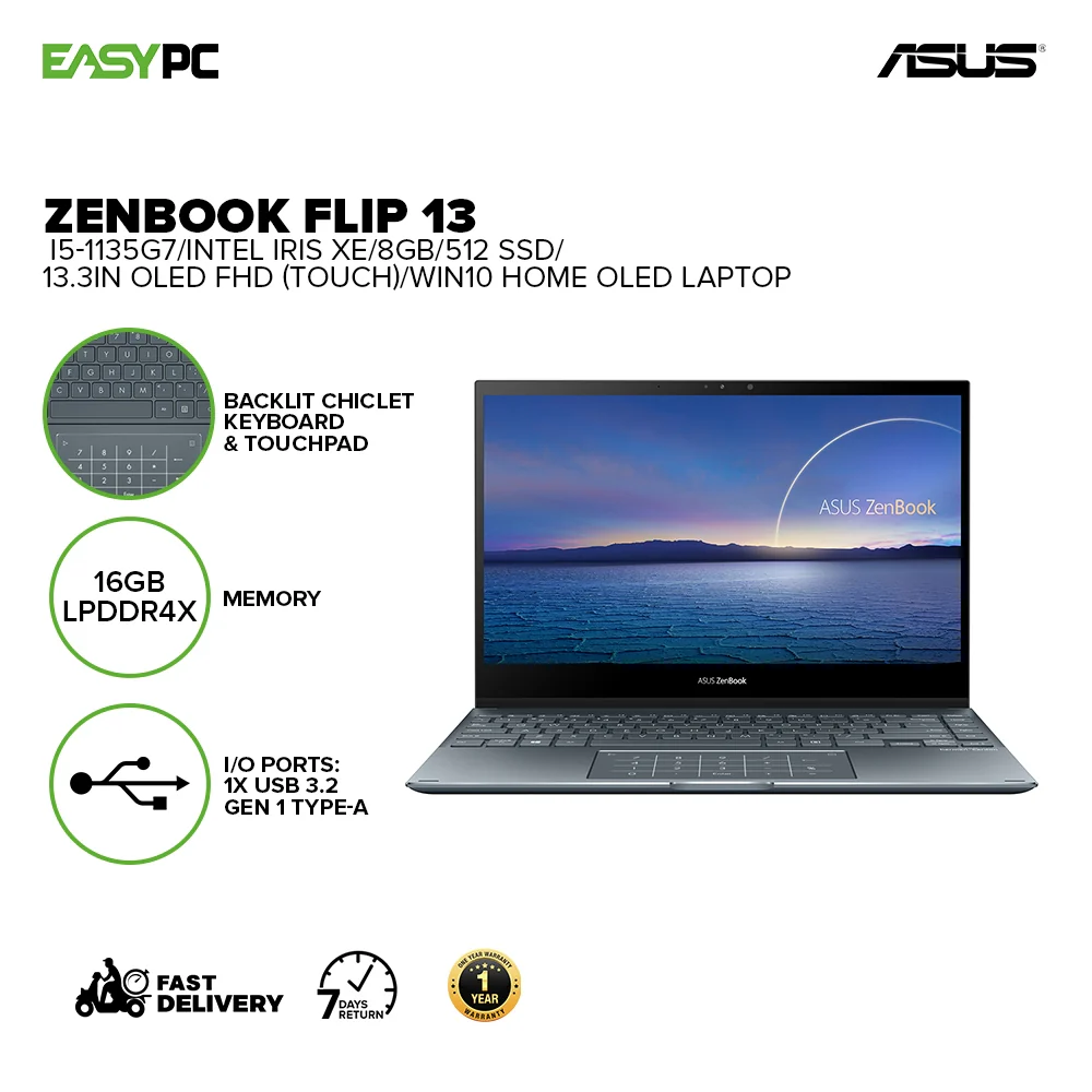 Asus ZenBook Flip 13 OLED i5-1135G7/Intel Iris XE/8gb/512 SSD/13.3In OLED FHD (Touch)/Win10 Home UX363EA-HP172TS 1ION ASUX2365 - Image 2