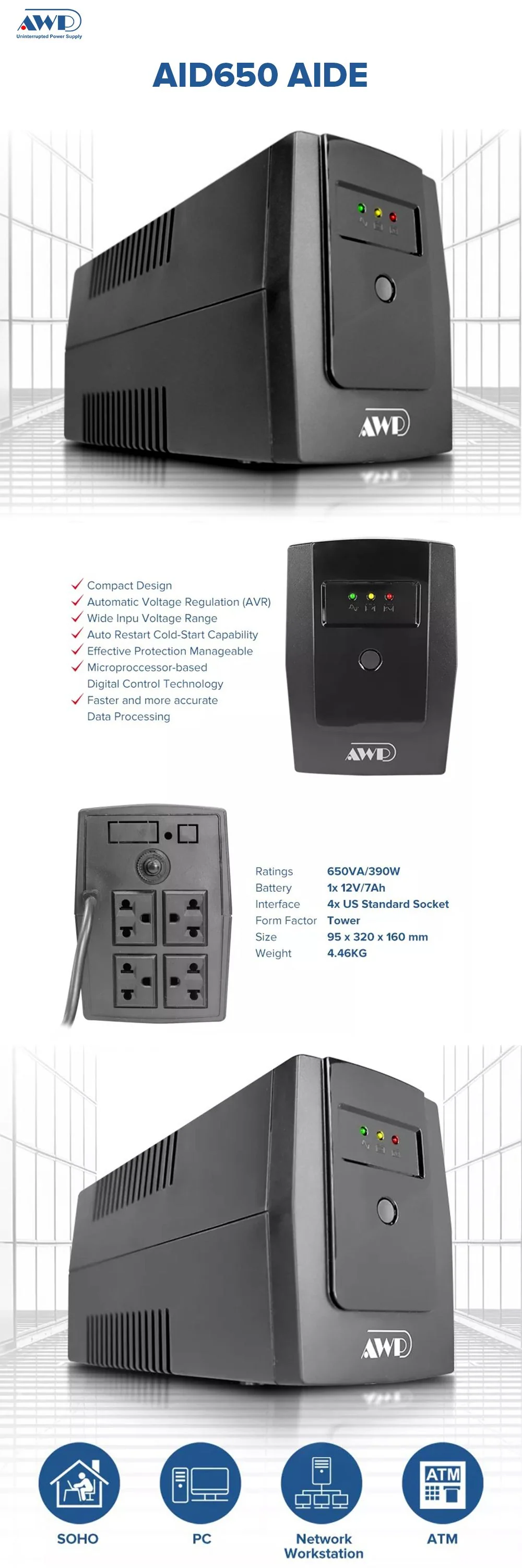 AWP AID650 Aide 390W-650VA with AVR Universal Socket Ups - Image 5