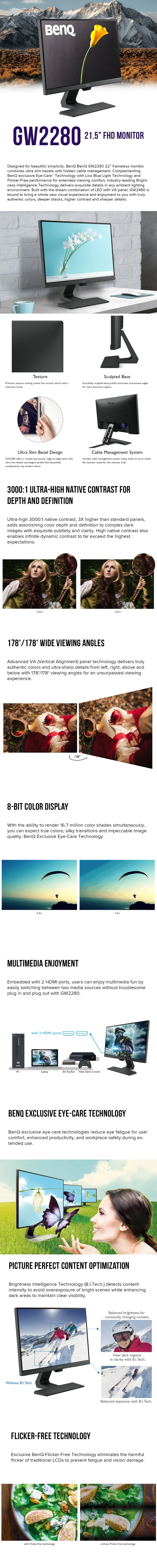 BenQ GW2280 21.5" FHD Eye-care Stylish, Edge to Edge Slim Bezel Design, Dual HDMI Connectivity Display Monitor - Image 6