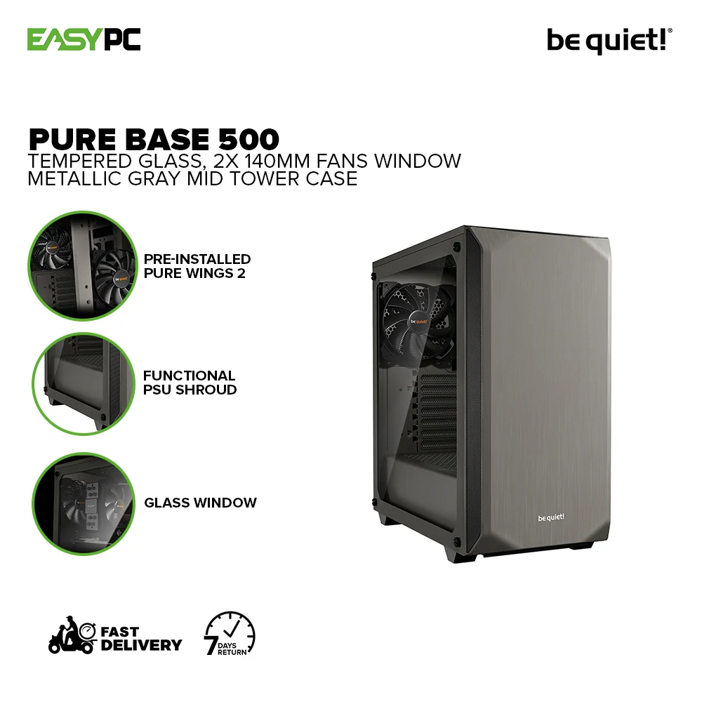 BeQuiet Pure Base 500 Tempered Glass, 2x 140mm Fans Window Black, White & Metallic Gray, Two Preinstalled Pure Wings 2 140mm fans Mid-Tower Case 4JTP - Image 12