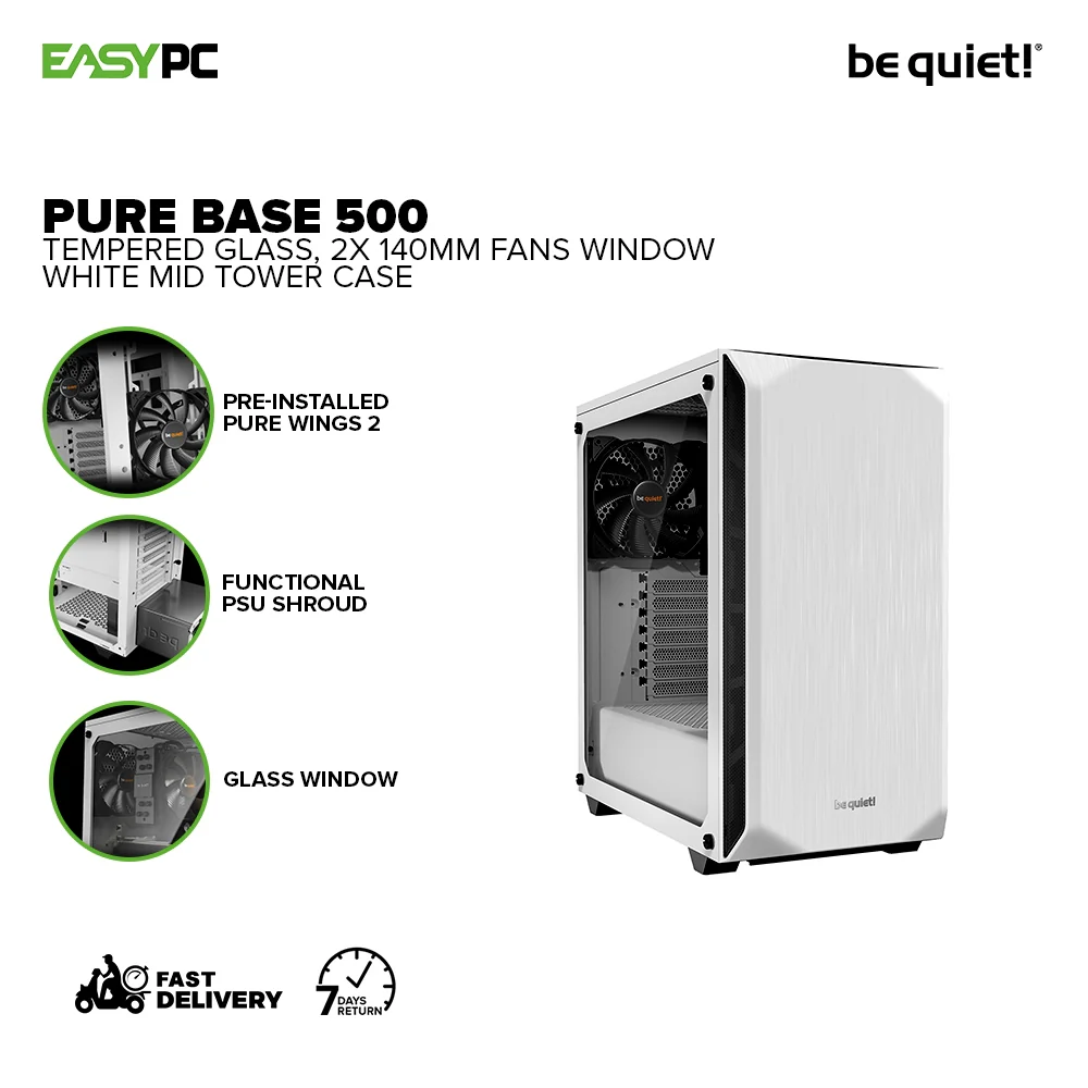 BeQuiet Pure Base 500 Tempered Glass, 2x 140mm Fans Window Black, White & Metallic Gray, Two Preinstalled Pure Wings 2 140mm fans Mid-Tower Case 4JTP - Image 7