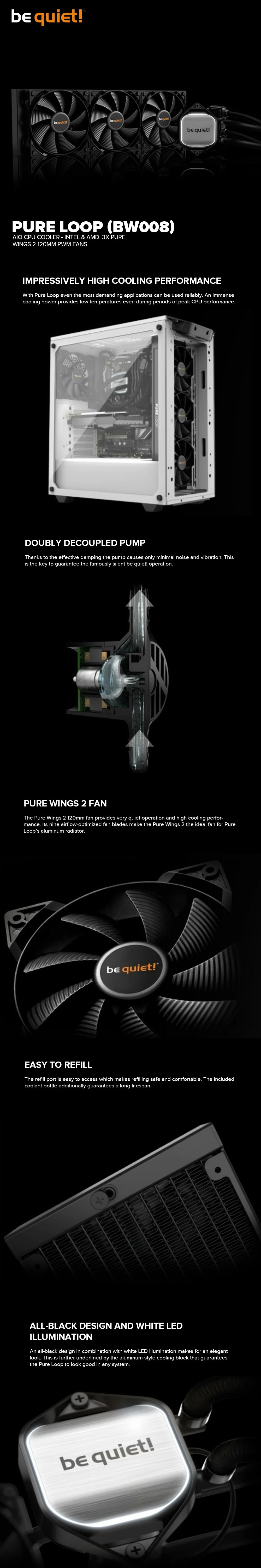 BeQuiet Pure Loop (BW008) AIO CPU Cooler Intel & AMD, 3x Pure Wings 2 120mm PWM Fans Doubly decoupled pump for quiet operation 4JTP BEBW2440 - Image 6