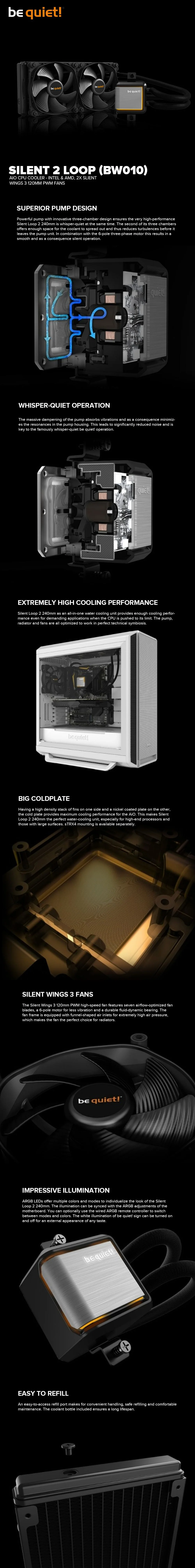 BeQuiet Silent 2 Loop (BW010) AIO CPU Cooler Intel & AMD, 2x Slient Wings 3 120mm PWM Fans Powerful three-chamber pump design 4JTP BEBW2441 - Image 6