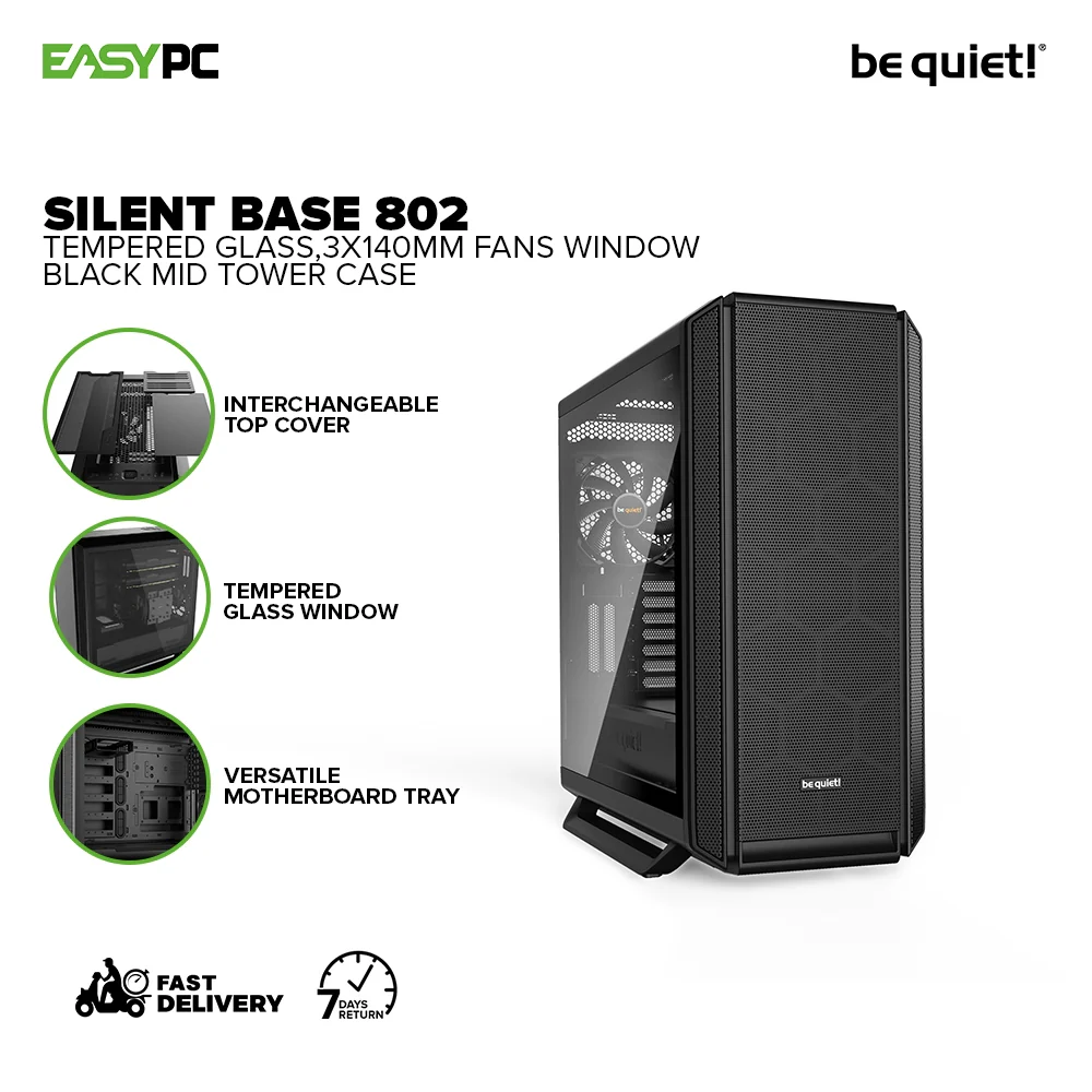 BeQuiet Silent Base 802 Black and White, 3 pre-Installed Pure Wings 2 Fans, Sound Insulation Tempered Glass Mid-Tower 4JTP - Image 2