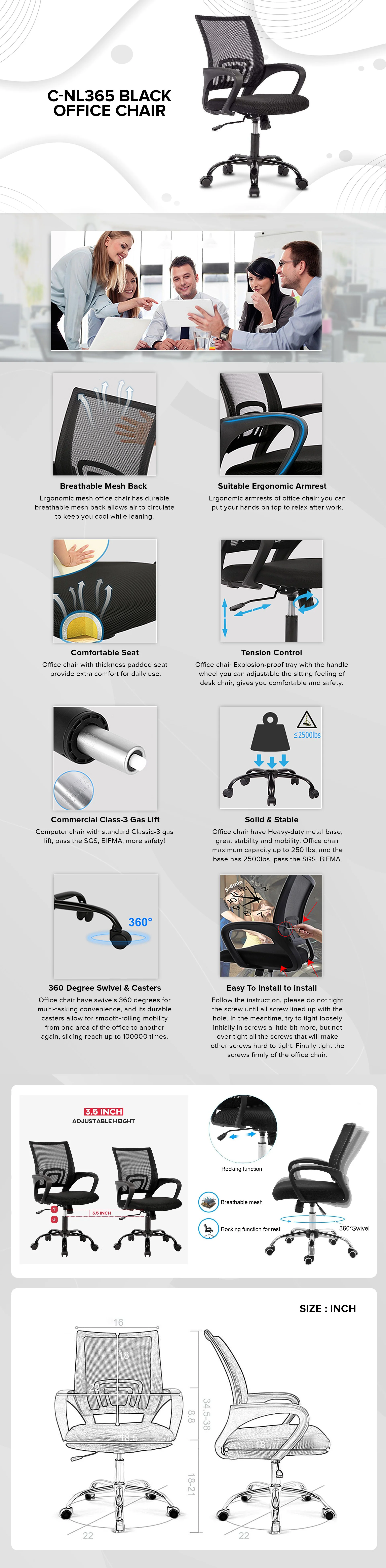 C-NL365 Black Office Chair - Image 2