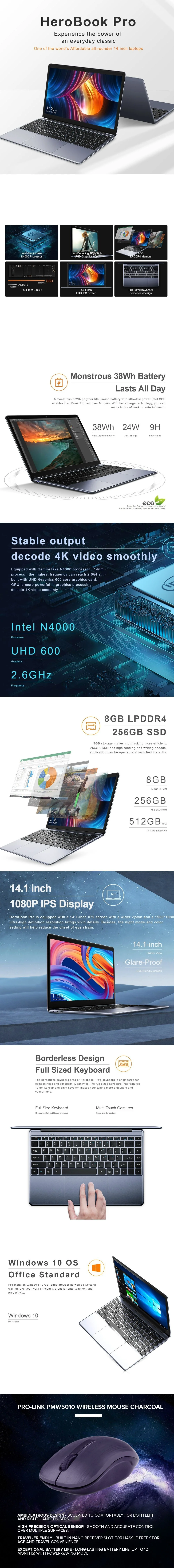CHUWI HEROBOOK PRO Intel Celeron N4020 8GB 256GB M.2 SSD Win10 Intel UHD Graphics 600 Chiclet Keyboard Laptop + Value Plus - Image 6