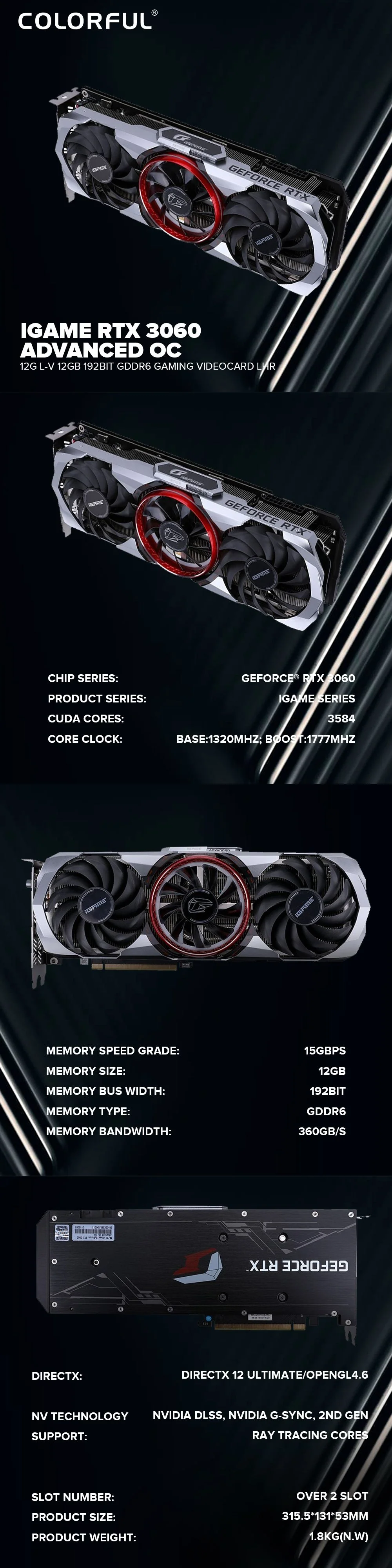 Colorful iGame NVIDIA® GeForce RTX™ 3060 Advanced OC 12G L-V 12gb 192bit GDdr6 Gaming Videocard LHR - Image 6