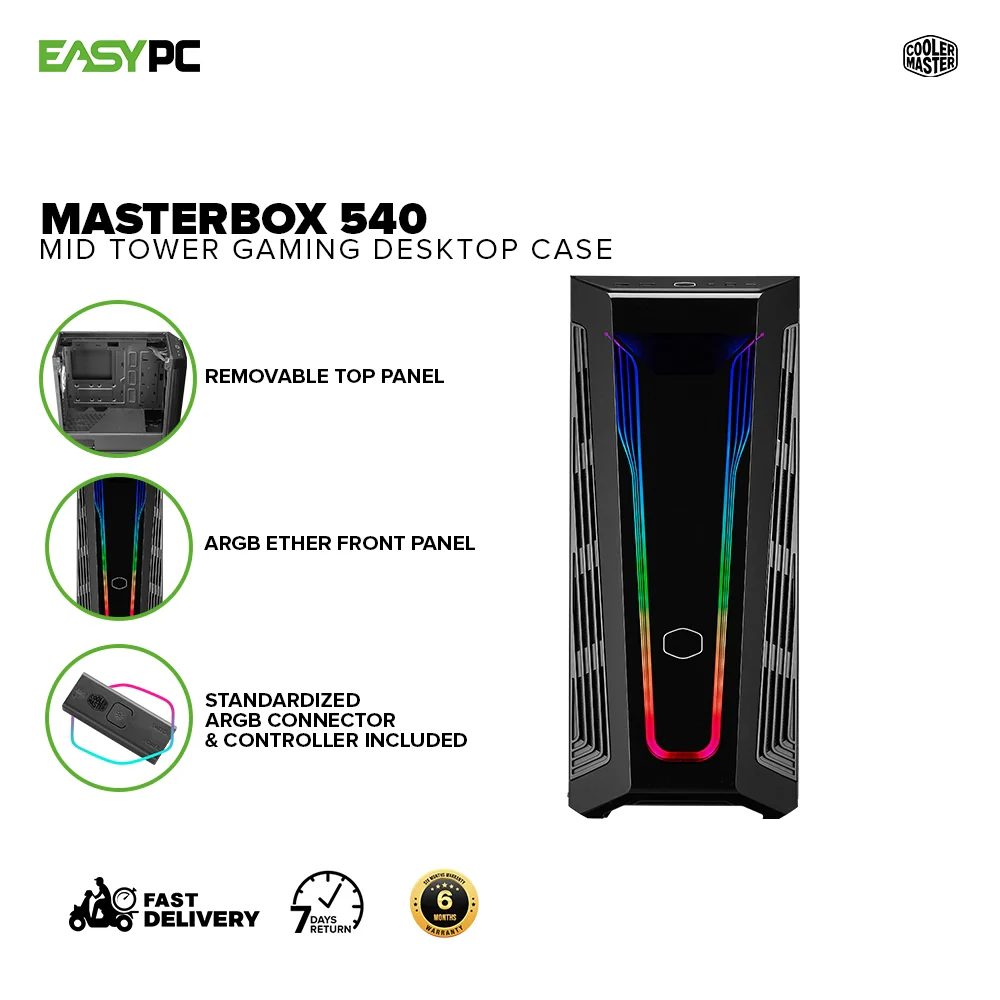 Cooler Master MasterBox 540 ARGB Ether Front Panel, Breathable Power Supply Shroud, Versatile Cooling, Removable Top Panel, Screwless & Tool-Free Design TG Side Panel Mid Tower Gaming Case (MB540-KGNN-S00) 1ION COMB2307 - Image 2