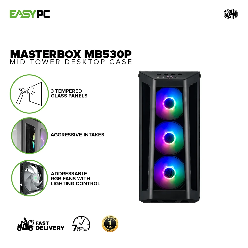 Cooler Master Masterbox MB530P Addressable RGB Fans with Lighting Control, Graphics Card Support Up to 410mm , Cable Cover and Routing Space Aggressive Intakes Mid Tower Desktop Case (MCB-B530P-KHNN-S01) 1ION COMC2306 - Image 2