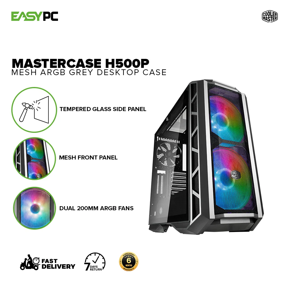 Cooler Master MasterCase H500P Mesh Front Panel, Dual 200mm ARGB Fans, Tempered Glass Side Panel, ARGB Lighting System, Desktop Case Grey (MCM-H500P-MGNN-S11) 1ION COMC2308 - Image 2