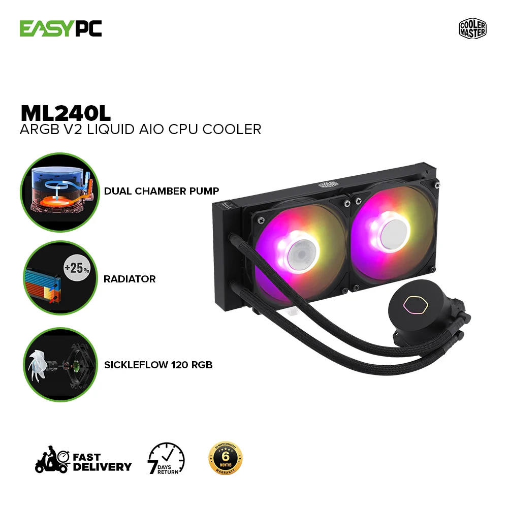 Cooler Master ML240L aRGB V2, Dual SickleFlow 120 ARGB Fans, ARGB Illumination & ARGB Controller, Tri-Phase Motor with Silent Driver, Dual Chamber Pump, Air Balance 2.0 Fan Blades, Liquid AIO CPU Cooler (MLW-D24M-A18PA-R2) 1ION COML2314 - Image 2