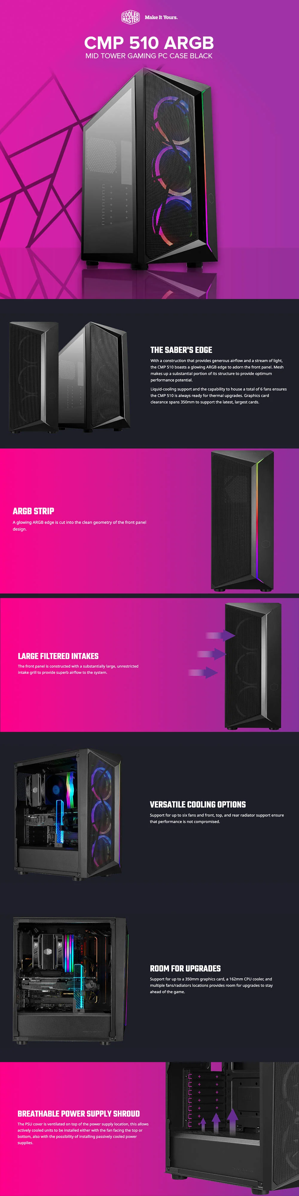Coolermaster CMP 510 ARGB Mid Tower Gaming PC Case Black - Image 5