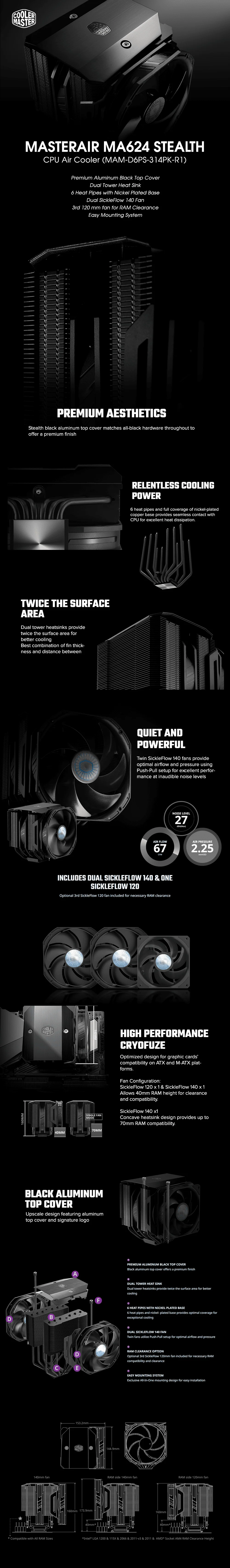 COOLERMASTER MASTERAIR MA624 STEALTH CPU Air Cooler (MAM-D6PS-314PK-R1) - Image 5