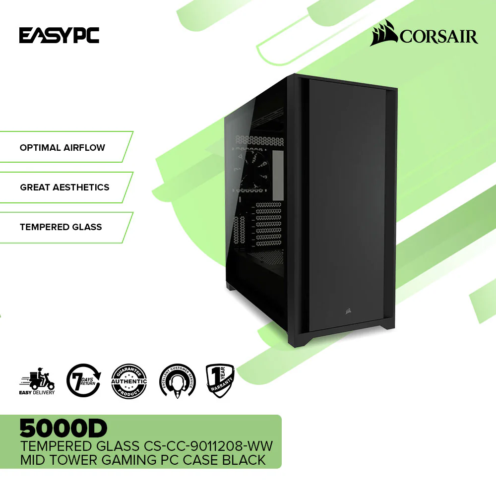 Corsair 5000D Tempered Glass CS-CC-9011208-WW Mid Tower Easy Cable Management Gaming PC Case Black - Image 2