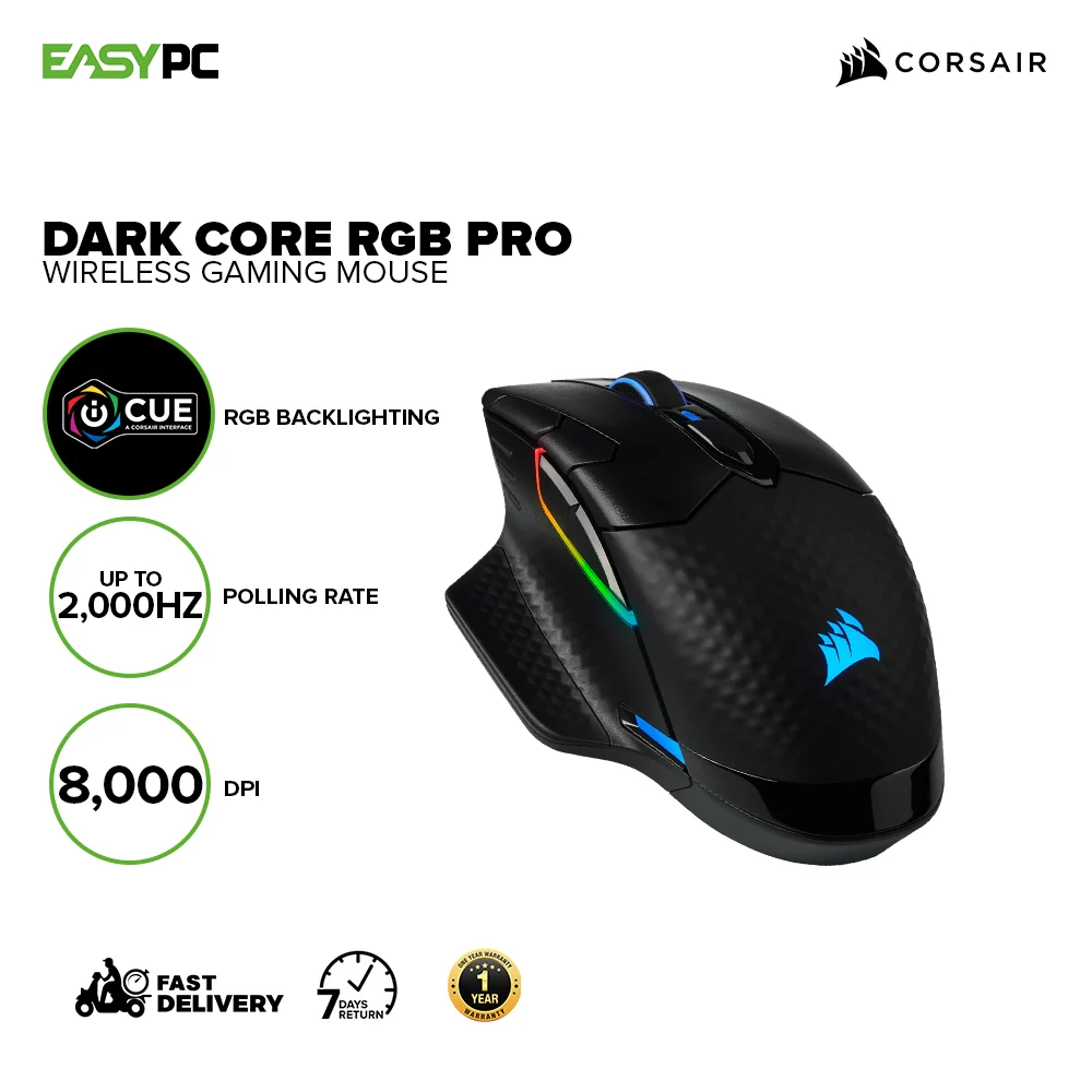 Corsair Dark Core RGB Pro and  Pro SE 18K DPI Comfortable contoured shape with two included interchangeable side grips Wireless Gaming Mouse 7UBE - Image 2