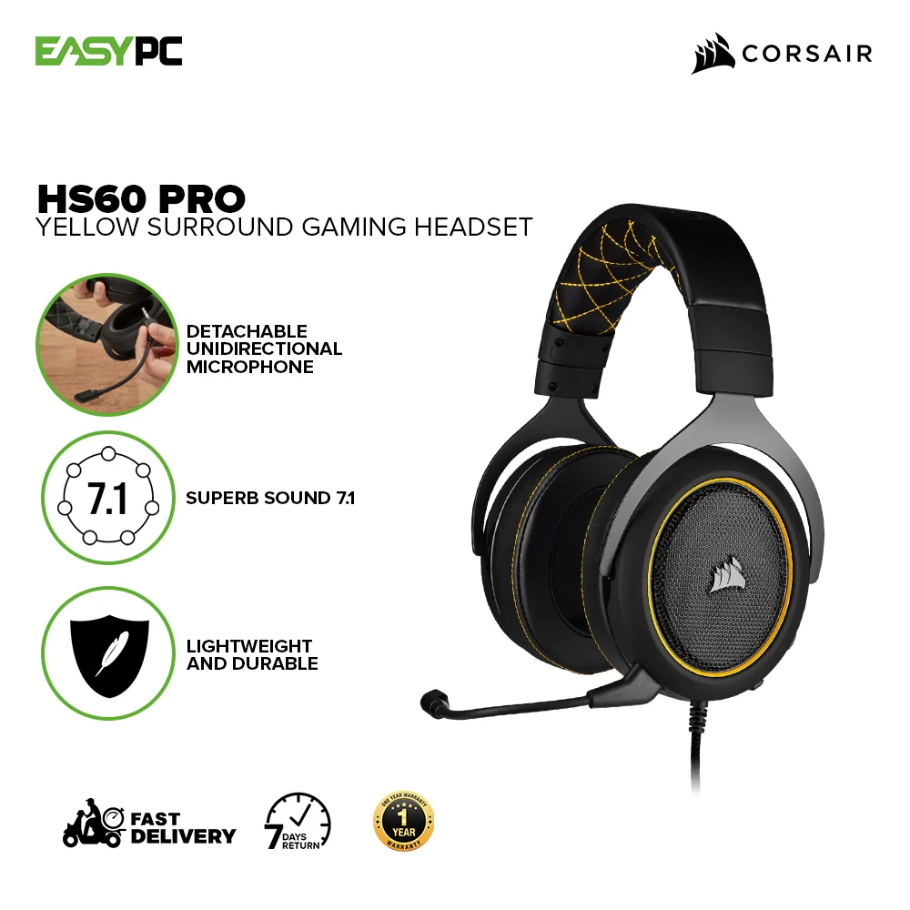 Corsair HS60 Pro 7.1 Virtual Surround Sound PC Gaming Headset w/USB DAC (Yellow), with USB DAC ( Carbon) - Discord Certified à Works with PC, Xbox Series X, Xbox Series S, Xbox One, PS5, PS4, and Nintendo Switch Gaming Headset 7UBE - Image 7