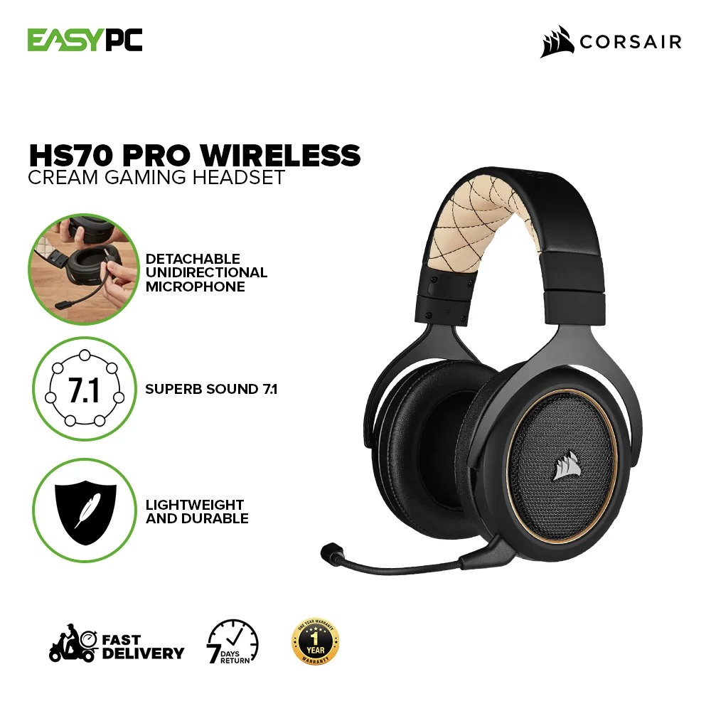 Corsair HS70 Pro Adjustable ear cups connect wirelessly to PC or PS4 fully detachable Wireless Gaming Headset Cream CS-CA-9011210-AP 7UBE COCS2341 - Image 2