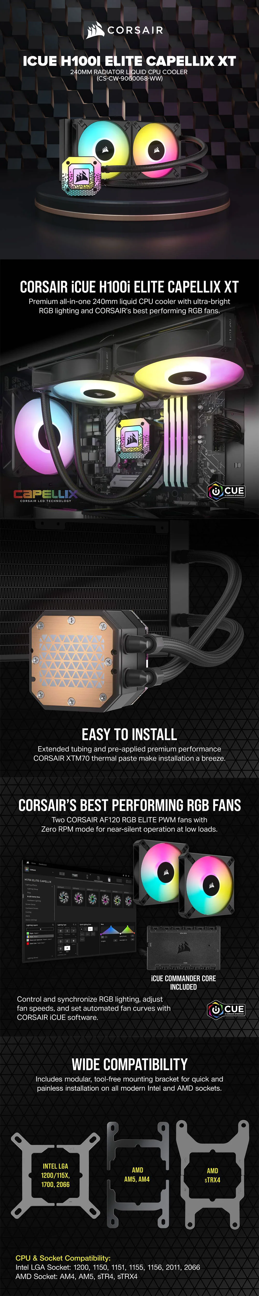 CORSAIR iCUE H100i ELITE CAPELLIX XT 240MM RADIATOR LIQUID CPU COOLER (CS-CW-9060068-WW) - Image 5