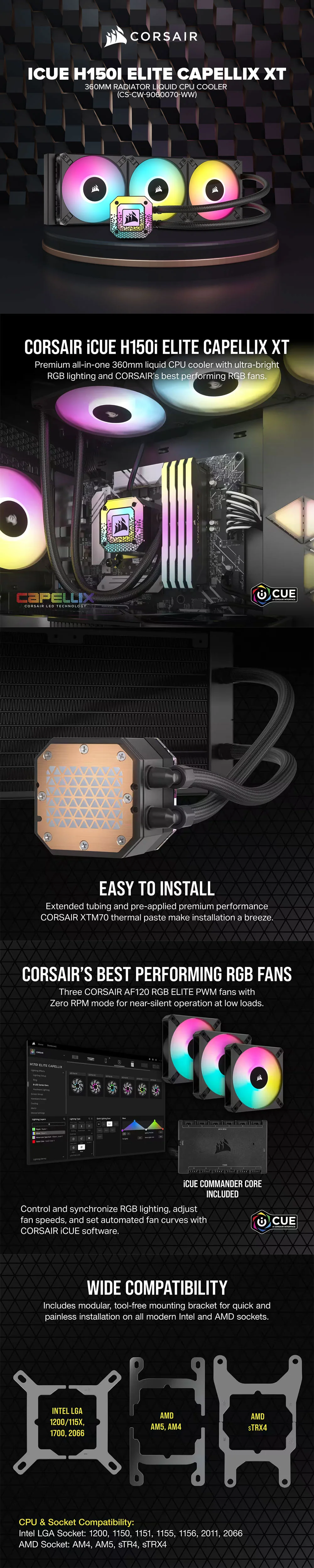 CORSAIR iCUE H150i ELITE CAPELLIX XT 360MM RADIATOR LIQUID CPU COOLER (CS-CW-9060070-WW) - Image 5