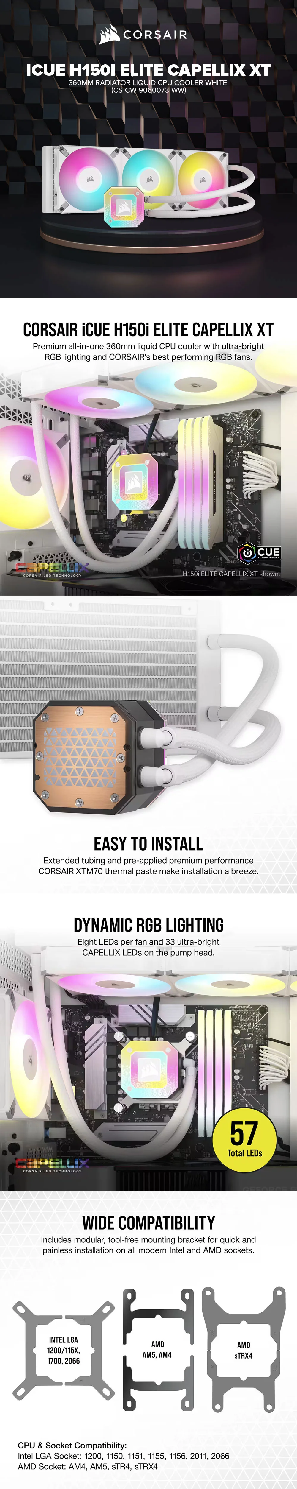 CORSAIR iCUE H150i ELITE CAPELLIX XT 360MM RADIATOR LIQUID CPU COOLER WHITE (CS-CW-9060073-WW) - Image 5