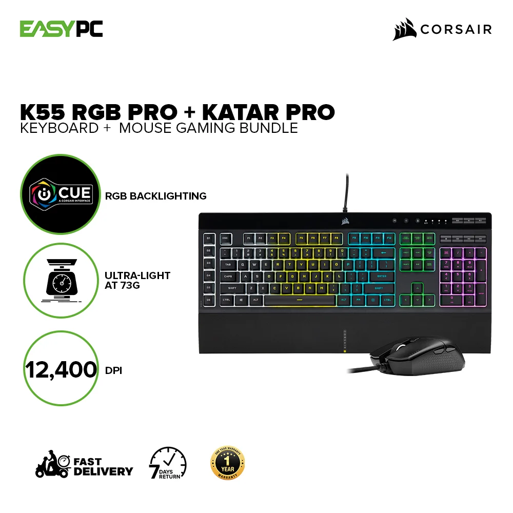 Corsair K55 RGB Pro Keyboard + Katar Pro Mouse Gaming Bundle CS-CH-9226965-NA 7UBE COCS2498 - Image 2