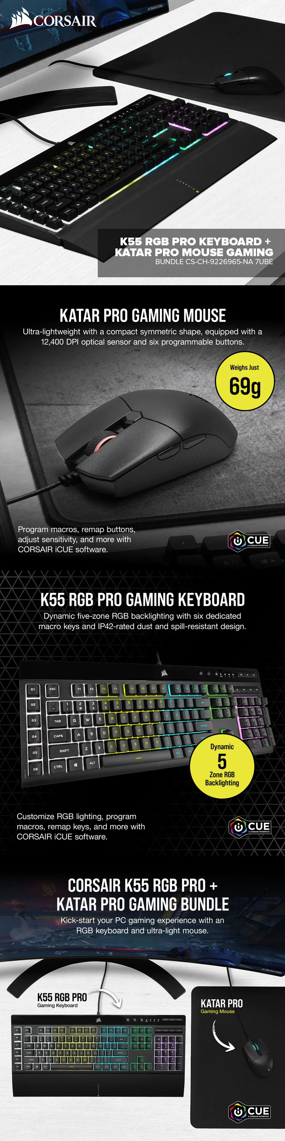 Corsair K55 RGB Pro Keyboard + Katar Pro Mouse Gaming Bundle CS-CH-9226965-NA 7UBE COCS2498 - Image 5