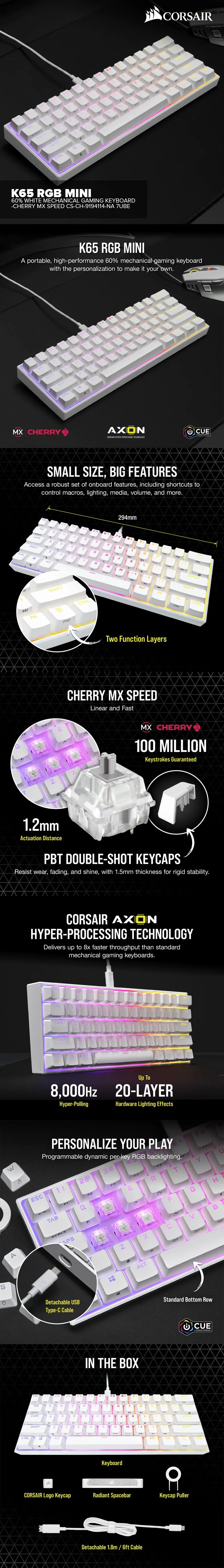 Corsair K65 RGB MINI 60% White Mechanical Detachable Cable, Braided Cable Gaming Keyboard -Cherry MX Speed CS-CH-9194114-NA 7UBE COCS2502 - Image 6