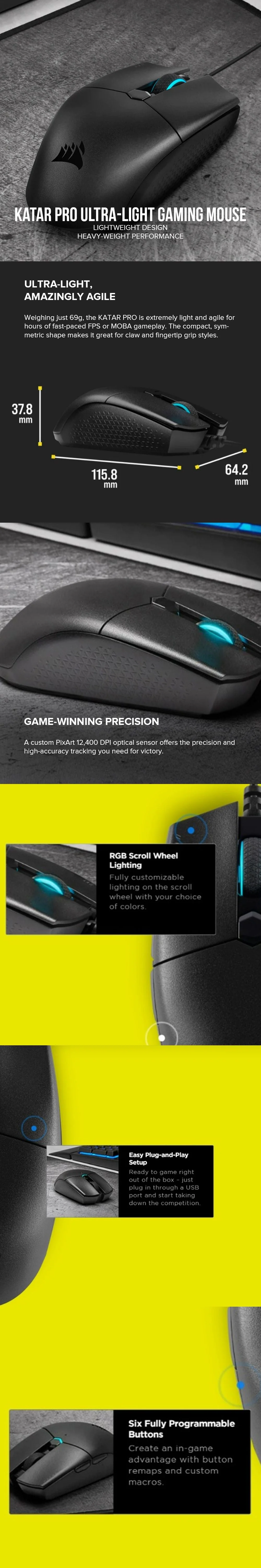 Corsair Katar Pro Wired and Wireless Ultralight CH-930C011-AP/ CS-CH-931C011-AP weighing 69g with a compact symmetric shape Gaming Mouse 7UBE - Image 10