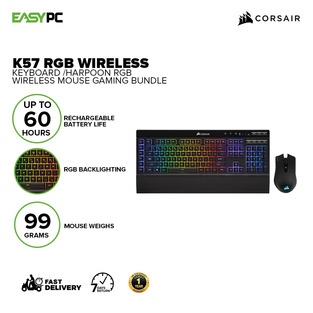 Corsair K57 RGB Wireless Keyboard/Harpoon RGB Mouse Hyper-Fast Slipstream Wireless Technology Connect with USB dongle Gaming Bundle 7UBE COCS2349 - Image 2
