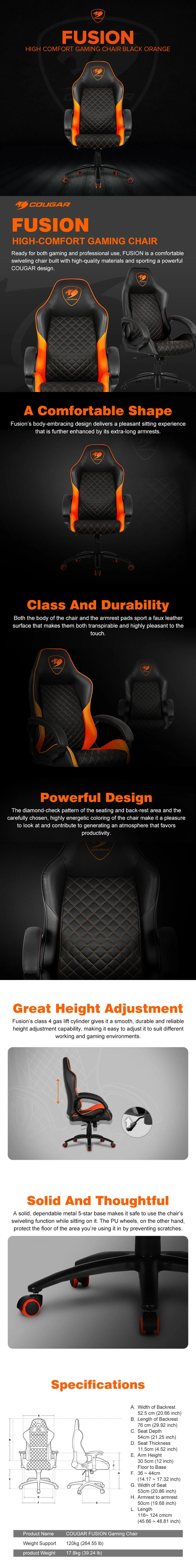 Cougar Fusion High Comfort Gaming Chair Black Orange - Image 6