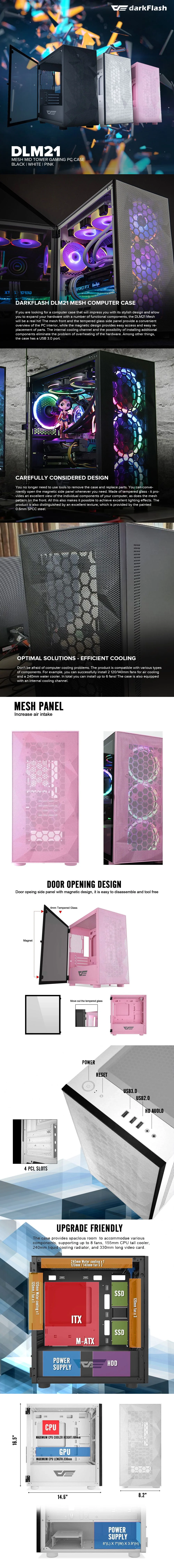 DarkFlash DLM21 Mesh Mid Tower Black, White and Pink White PC Case - Image 22