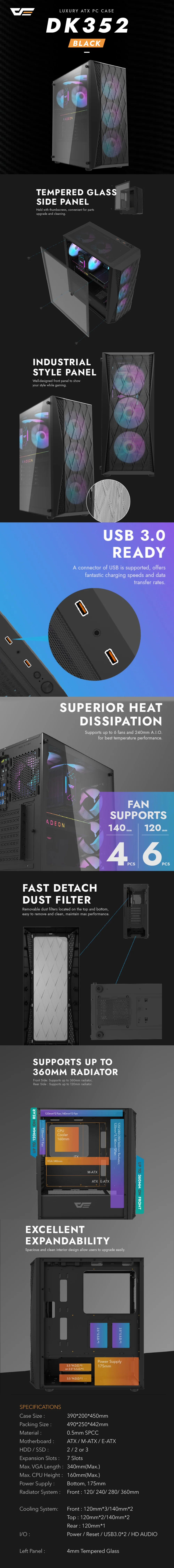 DarkFlash DK352 Mesh ATX Tempered Glass Side Panel Gaming PC Case Black - Image 5