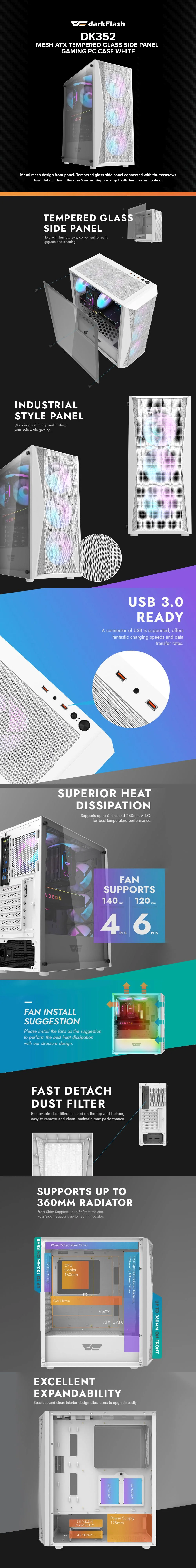 DarkFlash DK352 Mesh ATX Tempered Glass Side Panel Gaming PC Case White - Image 5