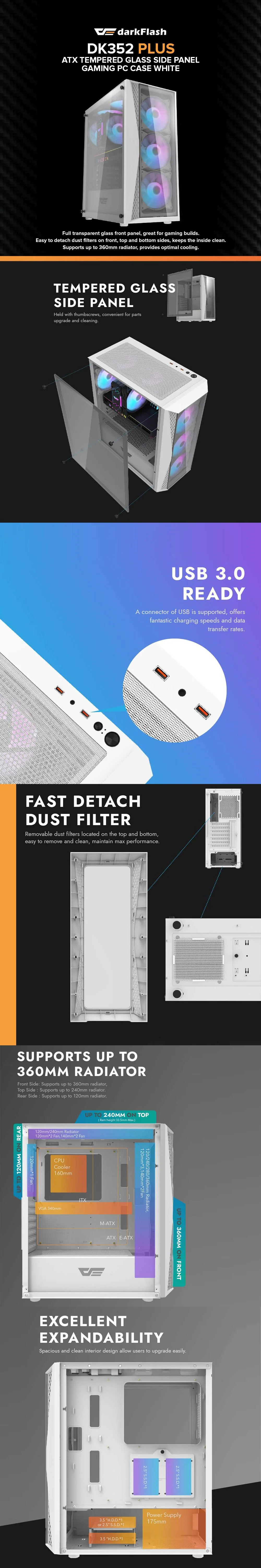 DarkFlash DK352 Plus ATX Tempered Glass Side Panel Gaming PC Case White - Image 5
