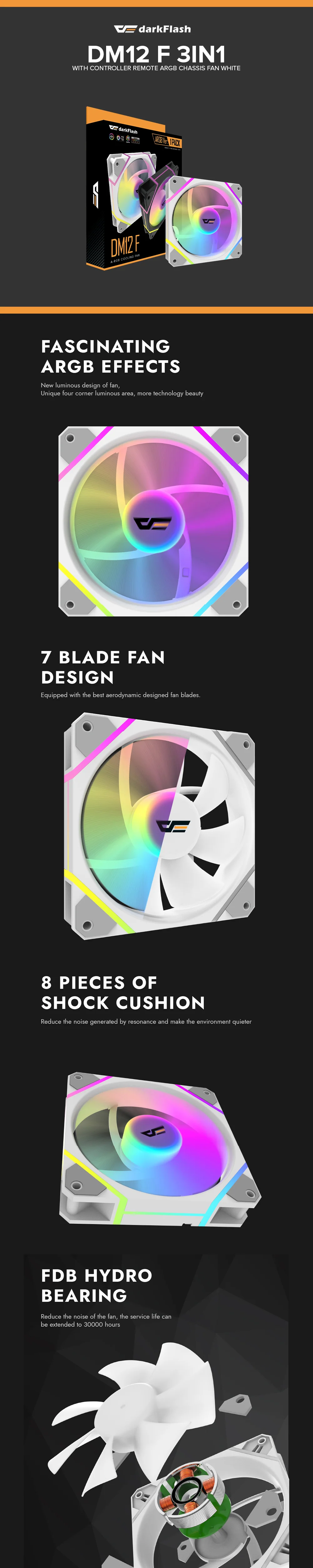 DarkFlash DM12 F 3in1 with Controller Remote ARGB Chassis Fan White - Image 5