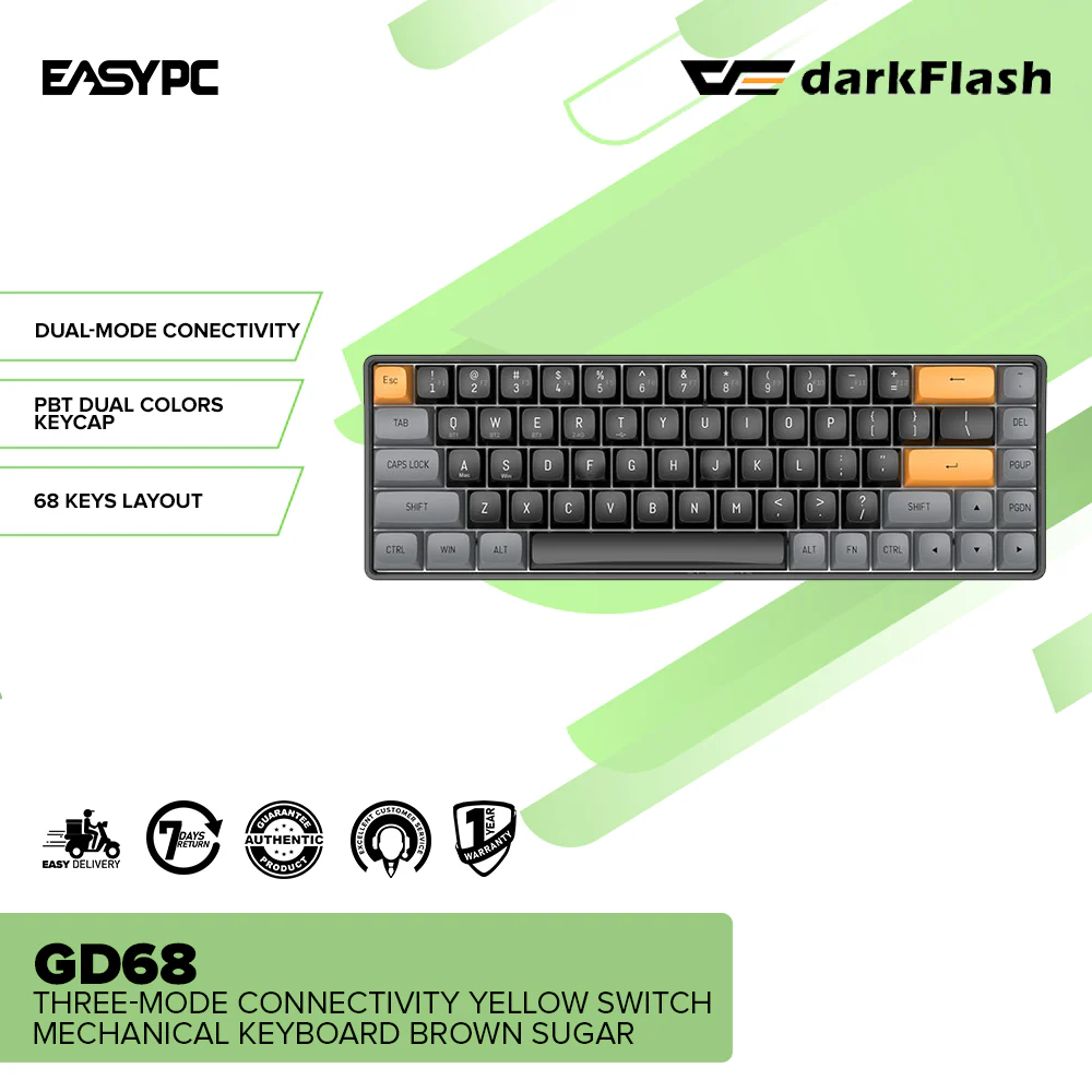 DarkFlash GD68 Three-Mode Connectivity Yellow Switch Mechanical Keyboard Brown Sugar - Image 2