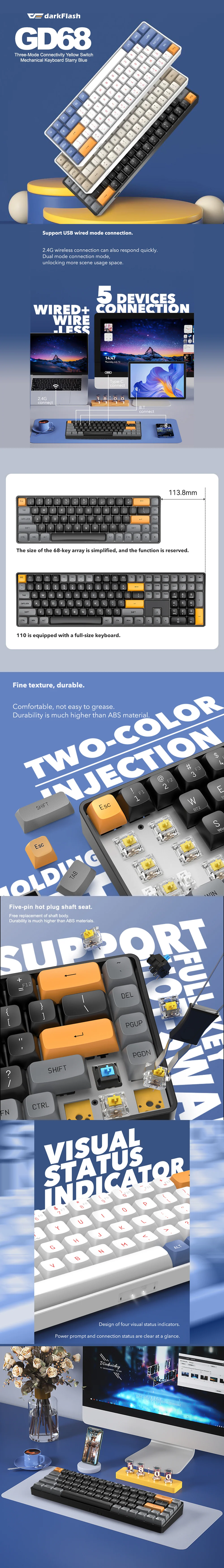 DarkFlash GD68 Three-Mode Connectivity Yellow Switch Mechanical Keyboard Starry Blue - Image 5