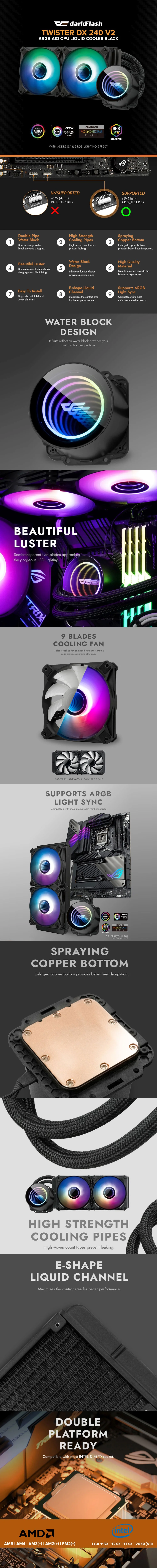 DarkFlash Twister DX 240 V2 Black and White ARGB AIO CPU Liquid Cooler - Image 9
