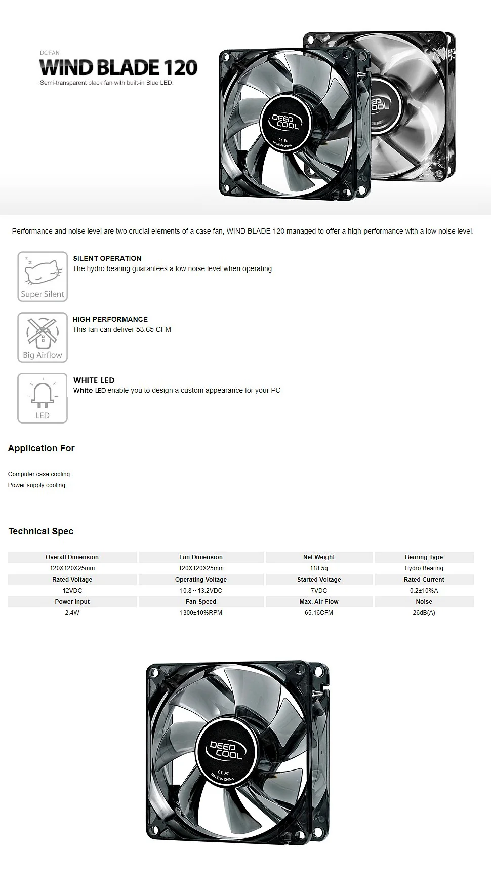Deepcool Wind Blade 120mm White Led Silent Operation, High Performance, 1300RPM low speed fan at minimum noise level Chassis Fan - Image 7