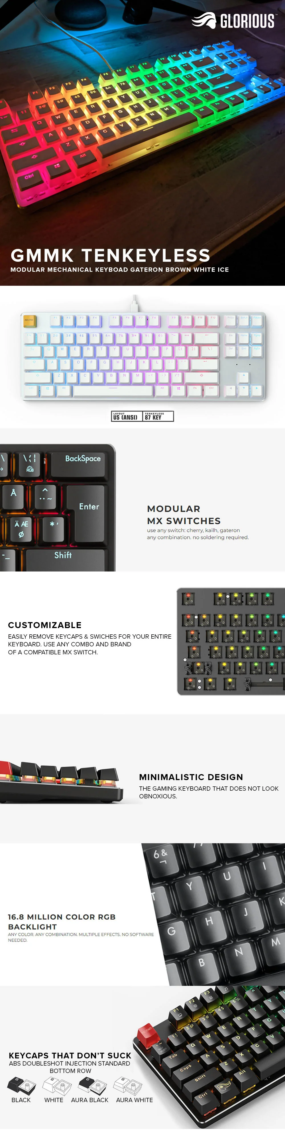 Glorious Modular Mechanical Keyboard TKL Gateron Brown White Ice - Image 6