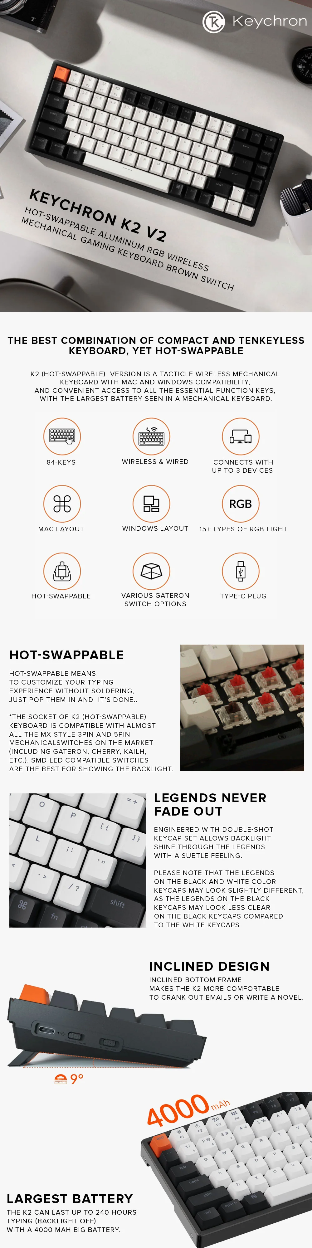 Keychron (K2C3H) K2 V2 Hot-swappable Aluminum RGB Wireless Mechanical Gaming Keyboard Brown Switch - Image 5